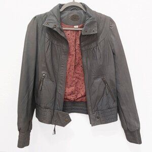 Anthropologie IDRA Gray Leather Moto Jacket w/Pink StarLining-XS